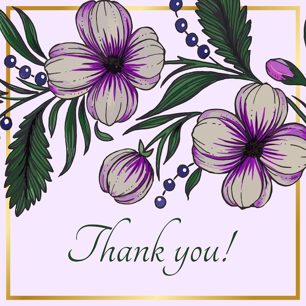 Beautiful thank you card with composition of hand drawn flowers and golden frame floral frame card