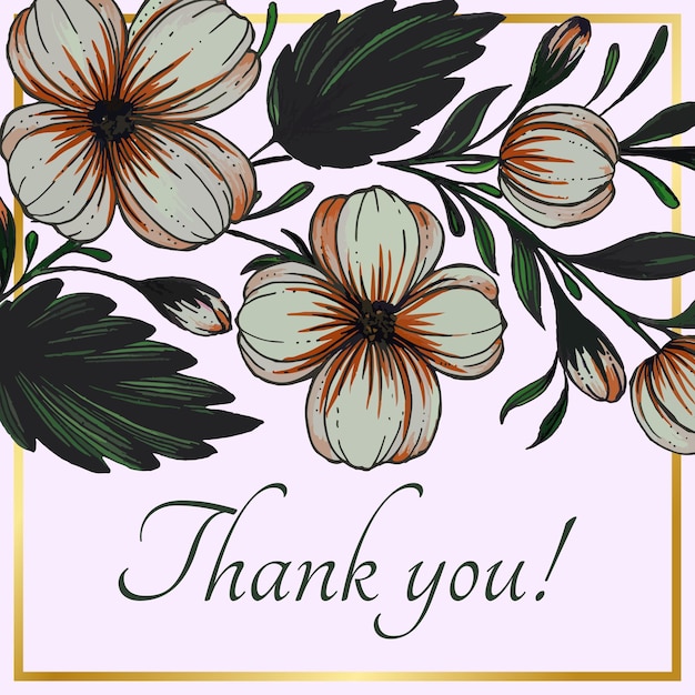 Beautiful thank you card with composition of hand drawn flowers and golden frame floral frame card