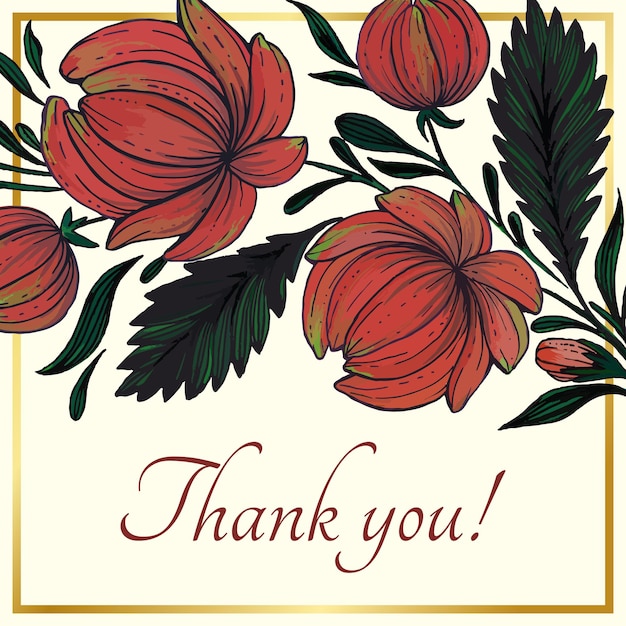 손으로 그린 꽃과 황금색 프레임으로 구성된 아름다운 감사 카드.