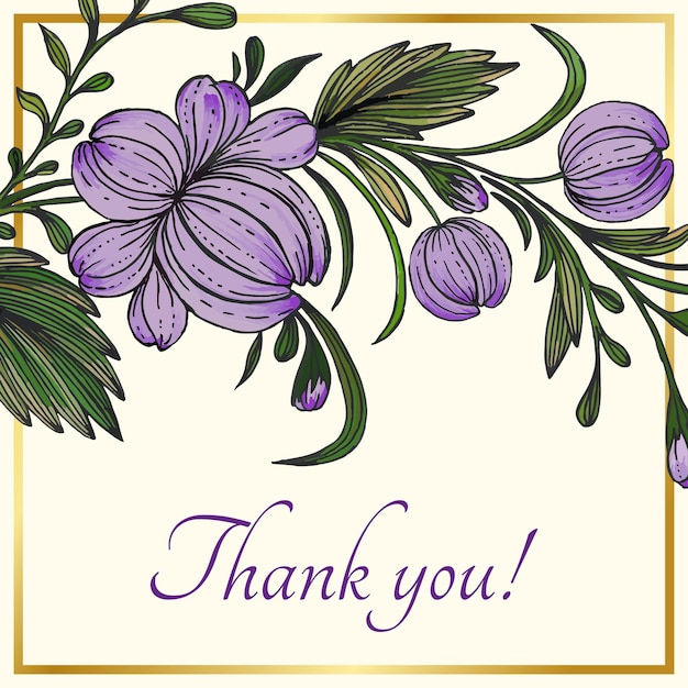 Beautiful thank you card with composition of hand drawn flowers and golden frame.