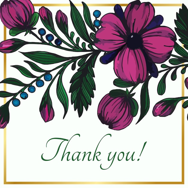 Beautiful thank you card with composition of hand drawn flowers and golden frame