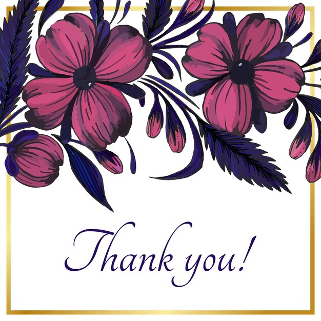 Beautiful thank you card with composition of hand drawn flowers and golden frame