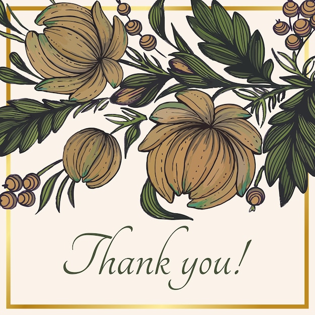 Vector beautiful thank you card with composition of hand drawn flowers and golden frame