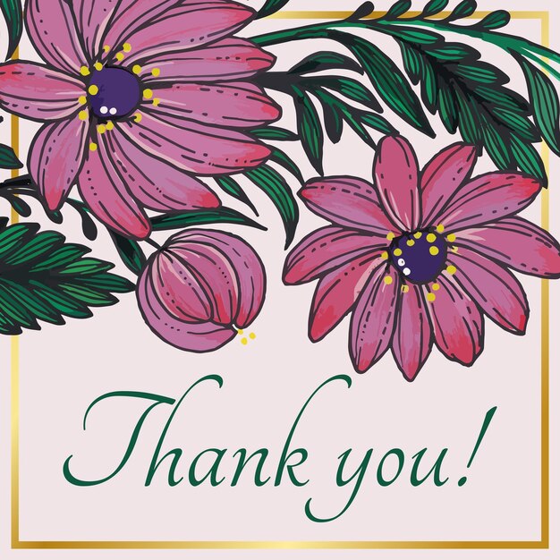 Beautiful thank you card with composition of hand drawn flowers and golden frame