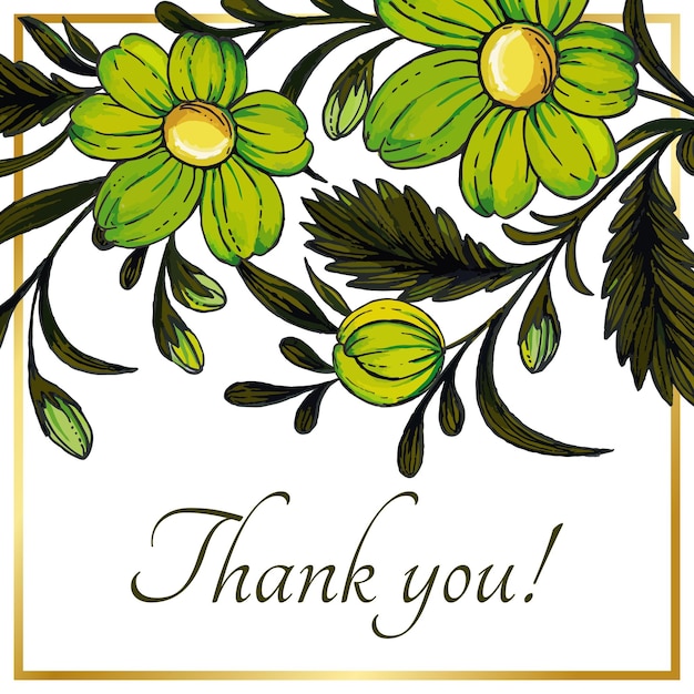 Beautiful thank you card with composition of hand drawn flowers and golden frame