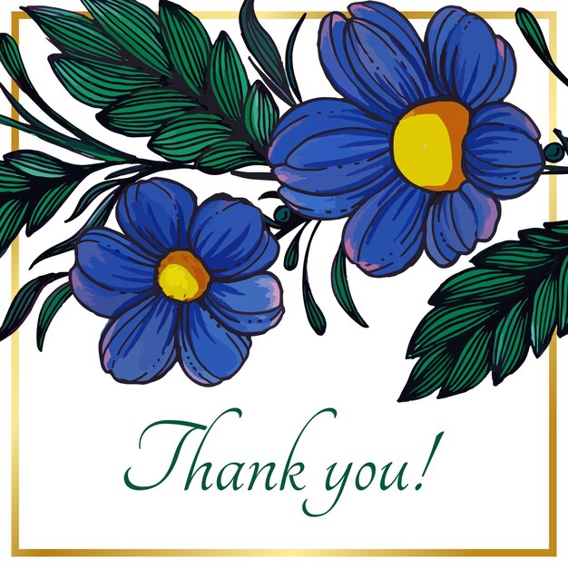 Beautiful thank you card with composition of hand drawn flowers and golden frame
