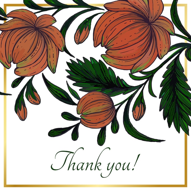 Beautiful thank you card with composition of hand drawn flowers and golden frame