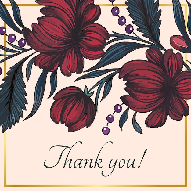 Beautiful thank you card with composition of hand drawn ukrainian flowers and golden frame