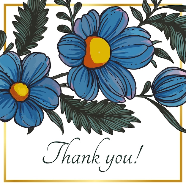 Beautiful thank you card with composition of hand drawn ukrainian flowers and golden frame