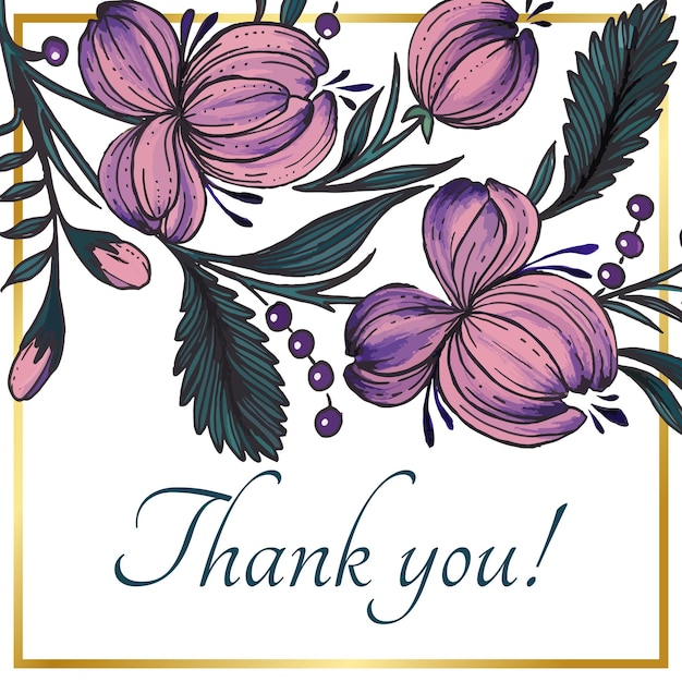 Красивая благодарственная открытка с композицией из нарисованных вручную цветов и золотой рамкой