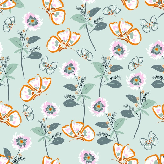 Vector beautiful tiful flying butterflies and flowers leaves seamless pattern vector illustration