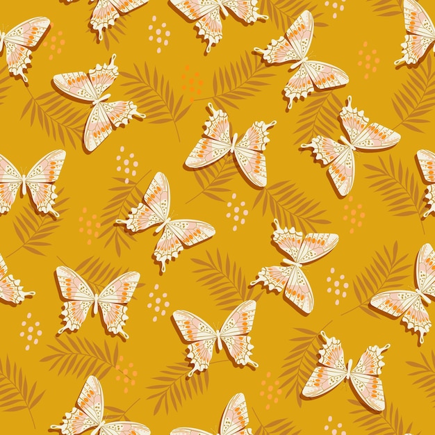 Beautiful tiful flying butterflies and flowers leaves seamless pattern vector illustration