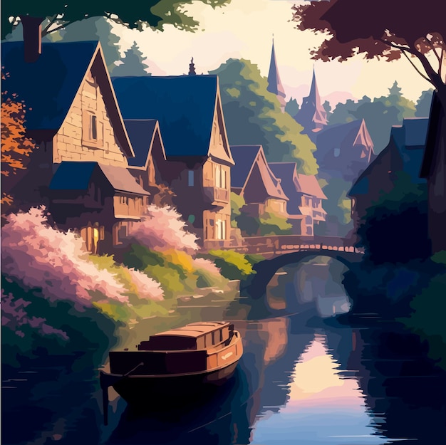 A beautiful Traditional american village canals and river illustration