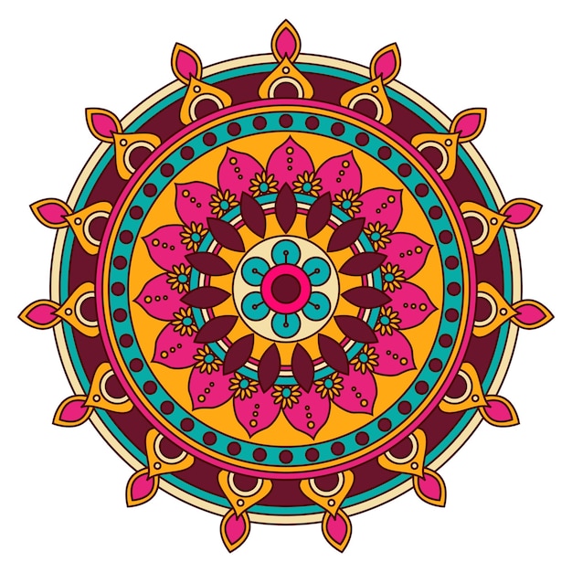 Illustrazione vettoriale disegnata a mano della mandala floreale di bei colori luminosi tradizionali