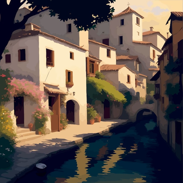A beautiful traditional spain village canals and river illustration