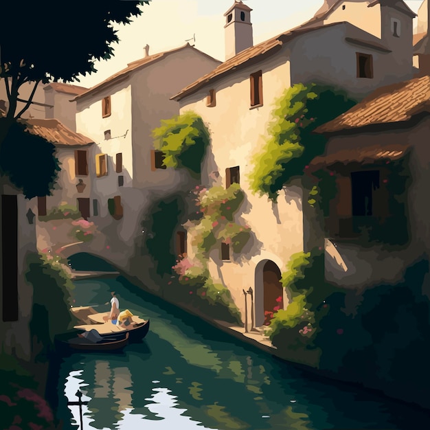 Vector a beautiful traditional spain village canals and river illustration