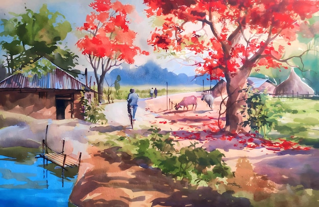 Beautiful tree village road watercolor illustration nature landscape painting