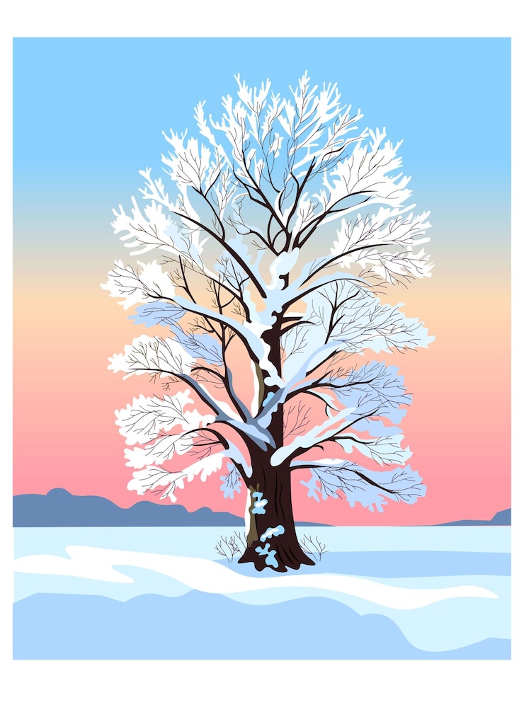 Vector beautiful tree winter landscape sunrise