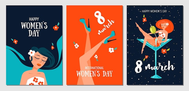 Beautiful trendy set of greeting cards for 8 March International Womens Day Stylish flat graphics