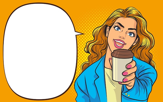 Beautiful trendy woman hold disposable cup of coffee or tea Pop art retro comic