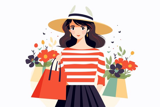 beautiful trendy woman with shopping bags flat design vector illustration