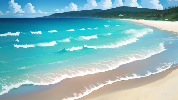 Vector beautiful tropical beach scenery hand drawn painting illustration