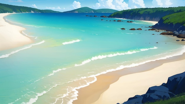 Bellissimo paesaggio di spiaggia tropicale, pittura disegnata a mano