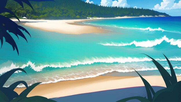 Vector beautiful tropical beach scenery hand drawn painting illustration