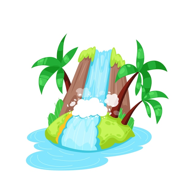 Vector beautiful tropical island in ocean with palm and big waterfall