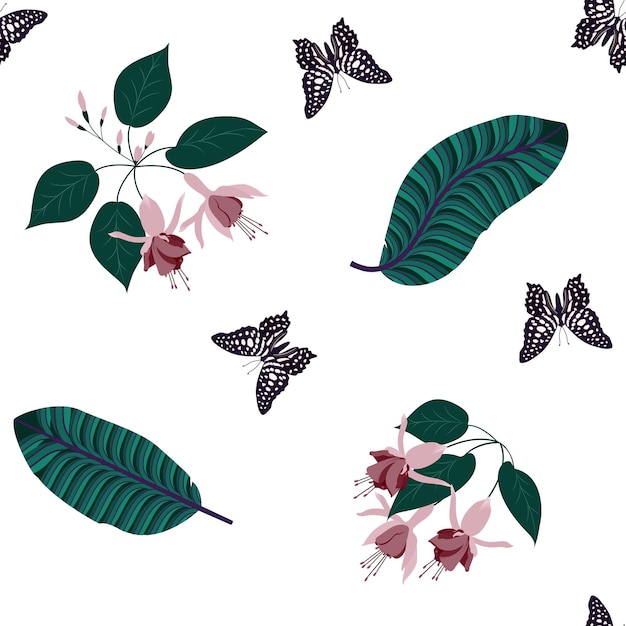 Beautiful tropical leaves flowers fuchsia and butterflies on white background