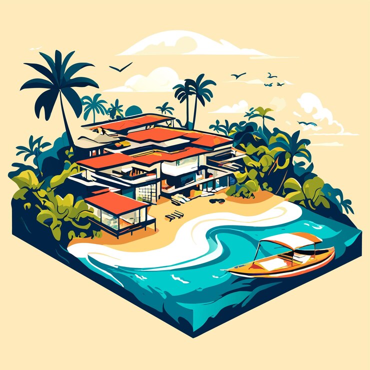 Vector beautiful tropical maldives resort hotel and island with beach and sea vector illustration