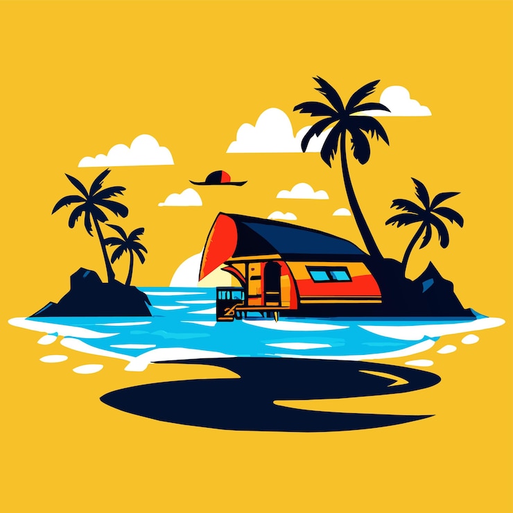 Vector beautiful tropical maldives resort hotel and island with beach and sea vector illustration