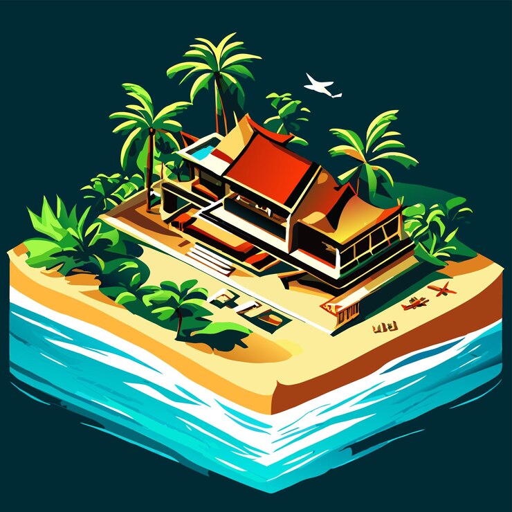 Vector beautiful tropical maldives resort hotel and island with beach and sea vector illustration