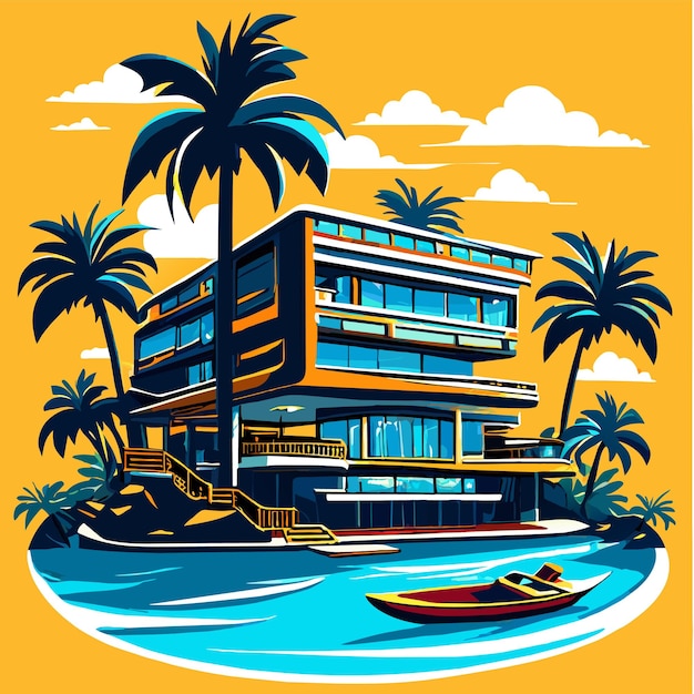 Vector beautiful tropical maldives resort hotel and island with beach and sea vector illustration