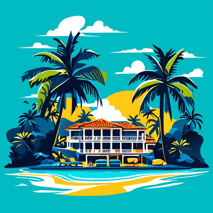 Vector beautiful tropical maldives resort hotel and island with beach and sea vector illustration