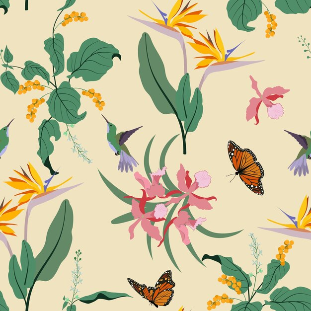 Beautiful tropical orchids strelitzia hummingbirds and butterflies on a beige background Seamless vector illustration For decorating textiles packaging wallpaper