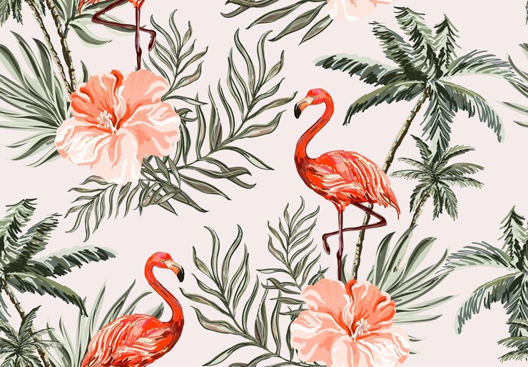 Vector beautiful tropical seamless pattern background with coconut palm trees flamingo hibiscus isolated