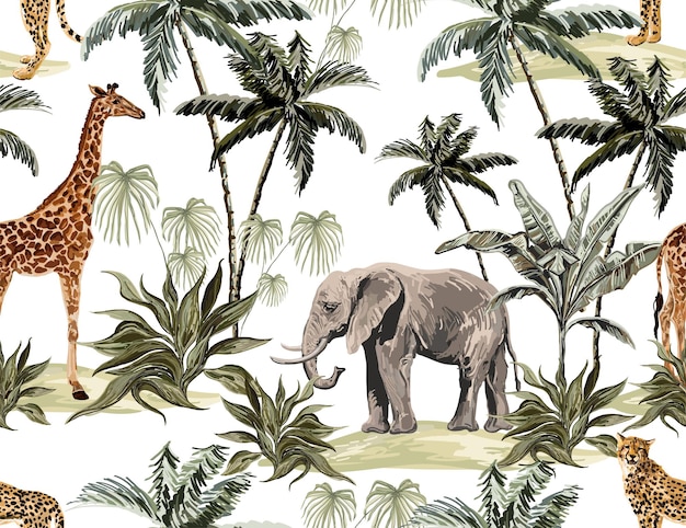 Bellissimo sfondo tropicale vintage senza cuciture con giraffa di elefante leopardo di palme