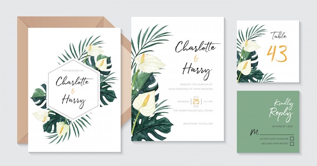 Vector beautiful tropical wedding invitation with watercolor calla lily, monstera and palm leaves