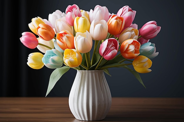 Vettore bellissimi tulipani in vaso bianco su sfondo frescoun mazzo di tulipani di diversi colori in un vaso