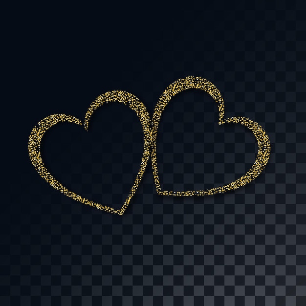 Beautiful two golden shiny festive hearts with glamorous sparkles on a translucent dark