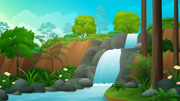 Vettore bella due fasi dell'illustrazione di vettore del paesaggio della natura della cascata rocciosa