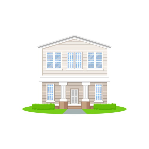 Vector beautiful twostorey country house with white columns and big windows residential cottage with meadow and bushes on front yard flat vector icon