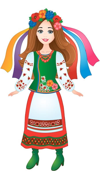 ウクライナの民族衣装を着た美しいウクライナの女の子。ベクトル イラスト