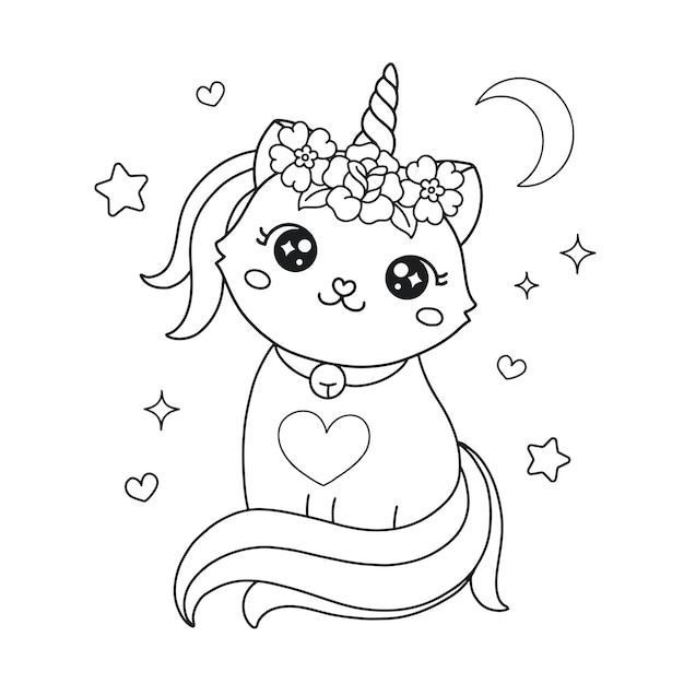 Beautiful unicorn cat with flowers printable coloring page