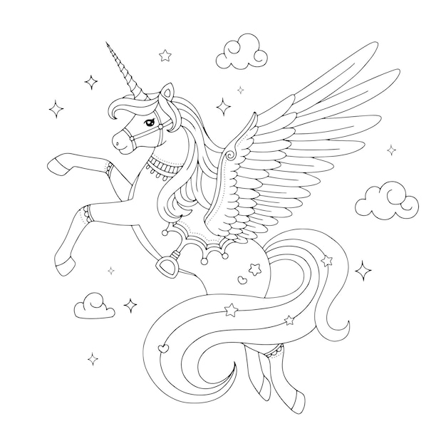 Beautiful unicorn pegasus drawing coloring page