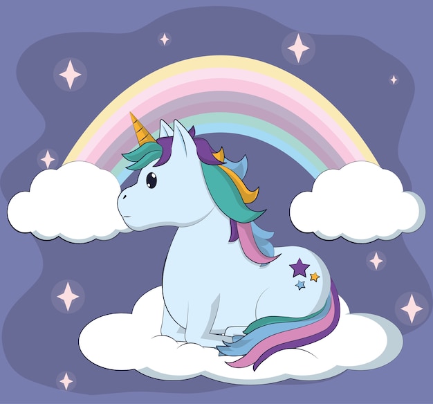 Beautiful unicorn with cloud and rainbow cartoons vector illustration graphic design