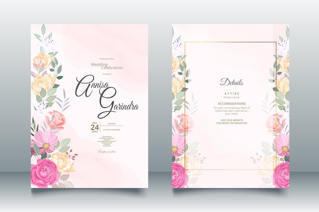 Beautiful various floral frame wedding invitation card template Premium Vector