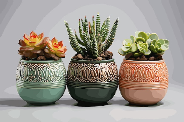 Вектор Красивые различные геометрические бетонные плантаторы с цветом кактуса и сочными растениями
