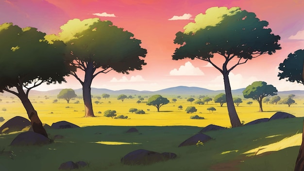 Vector beautiful vast african savanna grassland hand drawn painting illustration